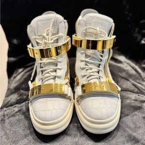 Giuseppe Zanotti White Croc-Embossed High-Top Sneakers with Gold Hardware
